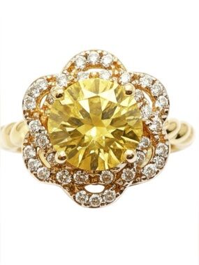 Yellow Citrine CZ Lotus Flower Halo Cocktail Ring - 18K Gold Filled Size 5